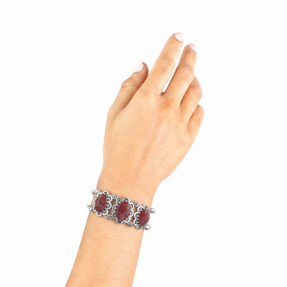 EXCLUSIVELY OURS! Sterling Silver Rhodonite Oval Scallop Concha Cuff Bracelet, Sizes Small to Large