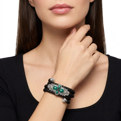 EXCLUSIVELY OURS! Sterling Silver Malachite Pear Cluster Black Leather Wrap Bracelet, 24 Inches