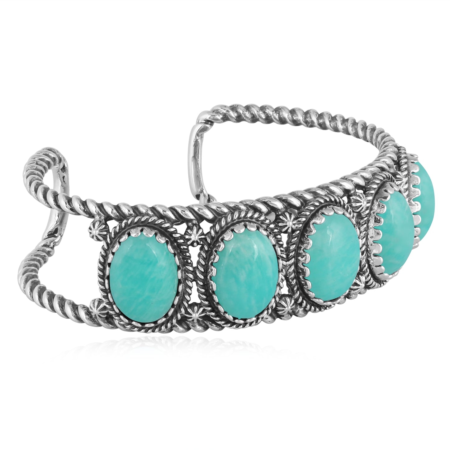 Sterling Silver Amazonite Gemstone Rope Design Women's Cuff Bracelet, Size Small - Large