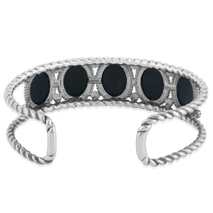 Sterling Silver with Black Agate Gemstone Rope Design Women's Cuff Bracelet, Size Small - Large