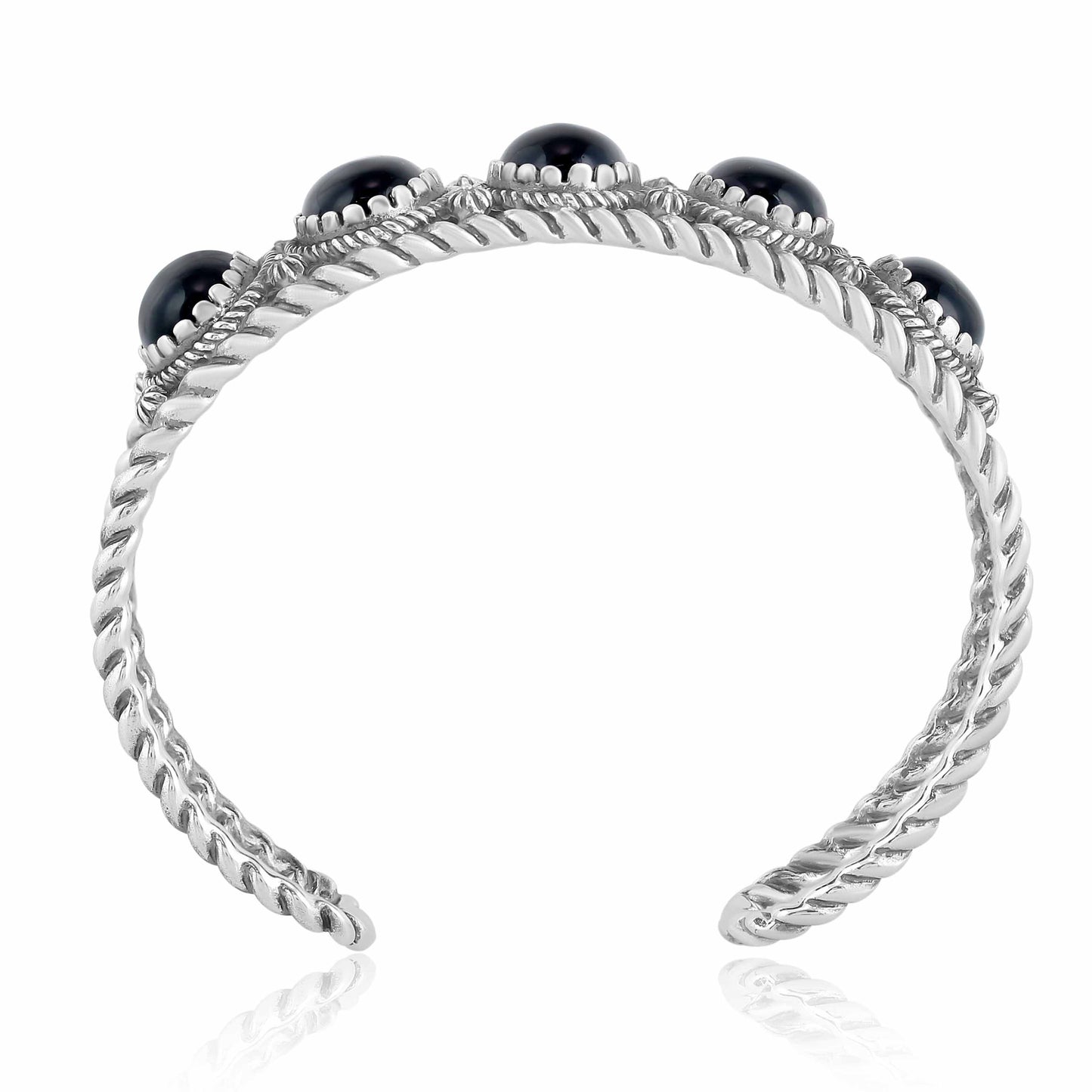 Sterling Silver with Black Agate Gemstone Rope Design Women's Cuff Bracelet, Size Small - Large