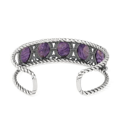 EXCLUSIVELY OURS! Sterling Silver Charoite Rope Design 5-Stone Cuff Bracelet, Sizes Small to Large