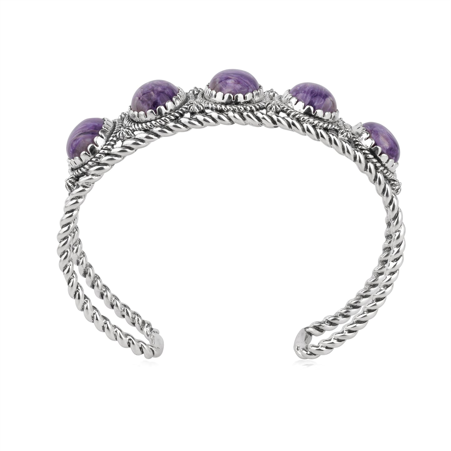 EXCLUSIVELY OURS! Sterling Silver Charoite Rope Design 5-Stone Cuff Bracelet, Sizes Small to Large