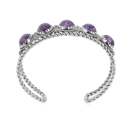 EXCLUSIVELY OURS! Sterling Silver Charoite Rope Design 5-Stone Cuff Bracelet, Sizes Small to Large