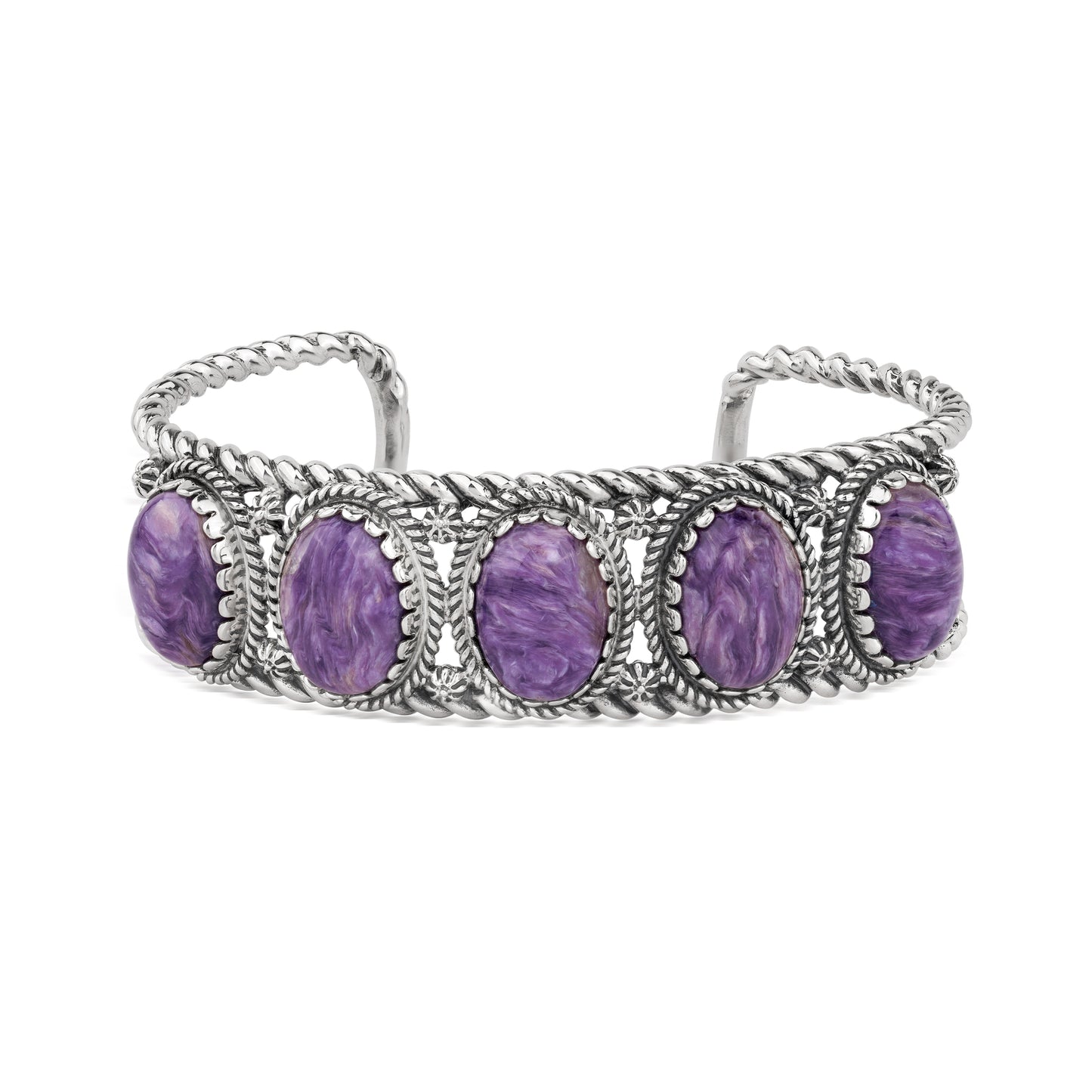 EXCLUSIVELY OURS! Sterling Silver Charoite Rope Design 5-Stone Cuff Bracelet, Sizes Small to Large