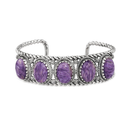 EXCLUSIVELY OURS! Sterling Silver Charoite Rope Design 5-Stone Cuff Bracelet, Sizes Small to Large