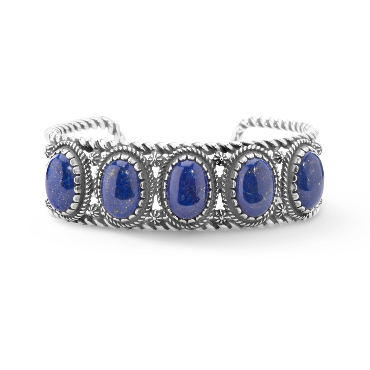 Sterling Silver Lapis Lazuli Gemstone 5-Stone Cuff Bracelet Size S, M or L