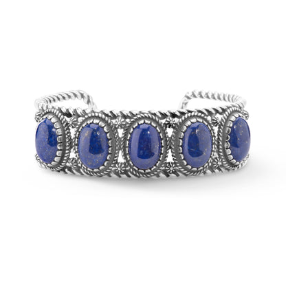 Sterling Silver Lapis Lazuli Gemstone 5-Stone Cuff Bracelet Size S, M or L