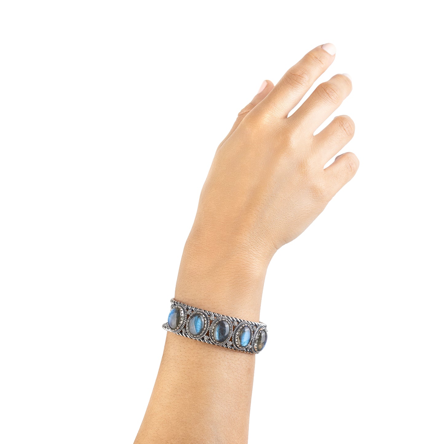 EXCLUSIVELY OURS! Sterling Silver Labradorite Rope Design 5-Stone Cuff Bracelet, Sizes Small to Large