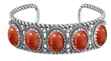 Sterling Silver Red Spiny Oyster Rope Design 5-Stone Cuff Bracelet, Sizes Small to Large