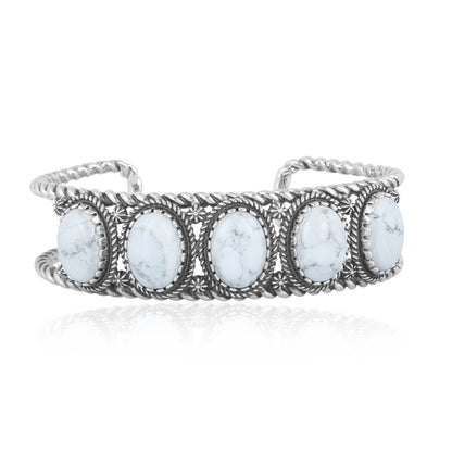 Sterling Silver White Howlite 5-Stone Cuff Bracelet, Sizes Small to Large