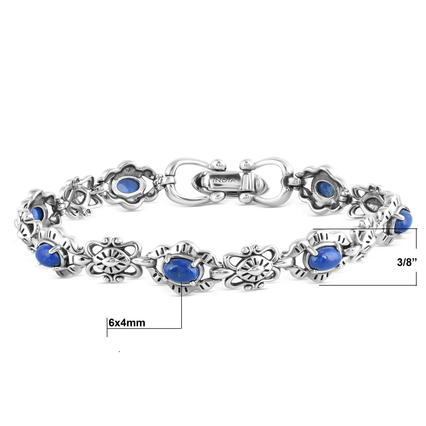 Sterling Silver Lapis Gemstone Concha Link Bracelet, Sizes Small to Large