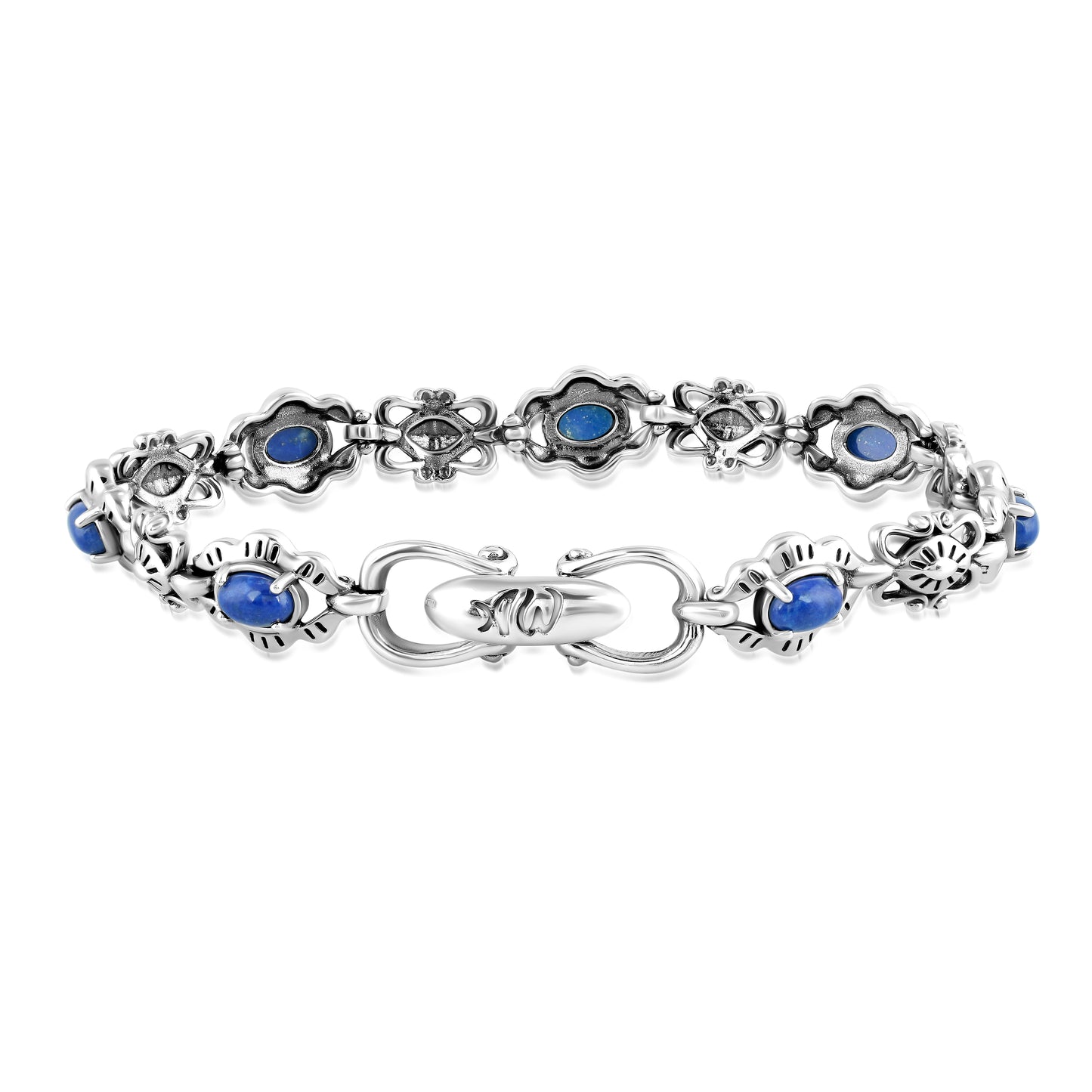 Sterling Silver Lapis Gemstone Concha Link Bracelet, Sizes Small to Large