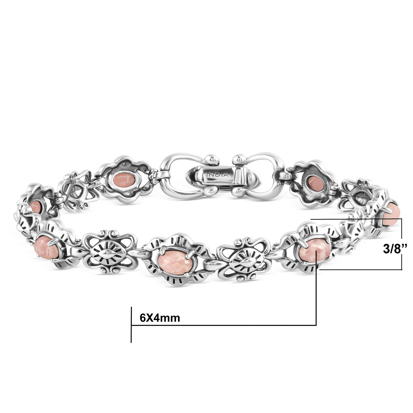 Sterling Silver Rhodochrosite Concha Link Bracelet, Sizes Small to Large