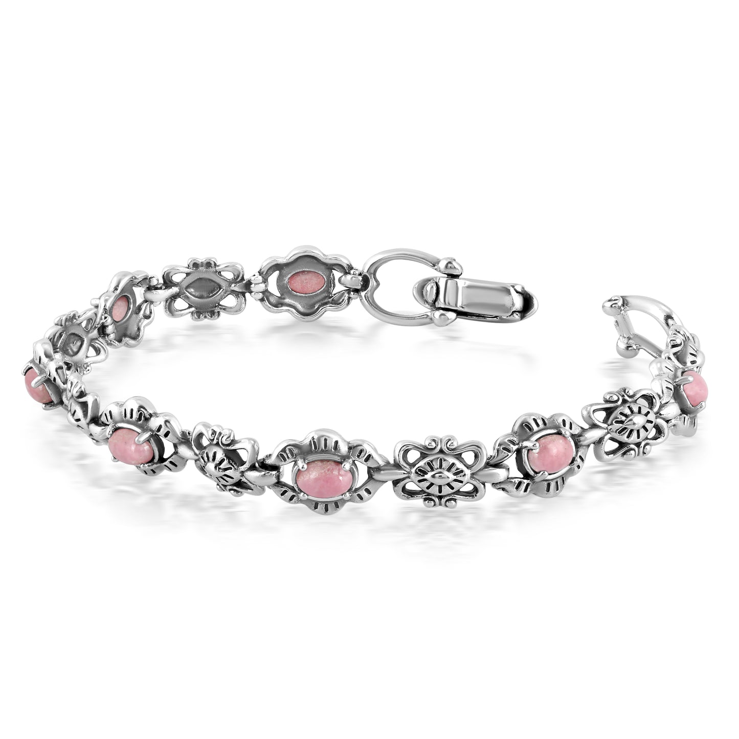 Southwestern Sterling Silver with Rhodonite Gemstone Concha Link Bracelet, Sizes Small - Large