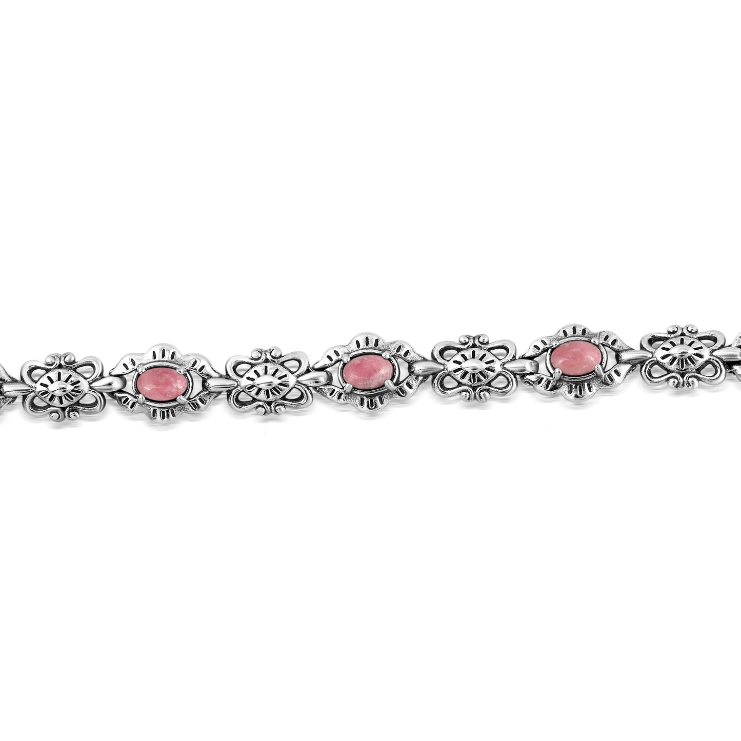 Sterling Silver Pink Rhodonite Concha Link Bracelet, Sizes Small - Large