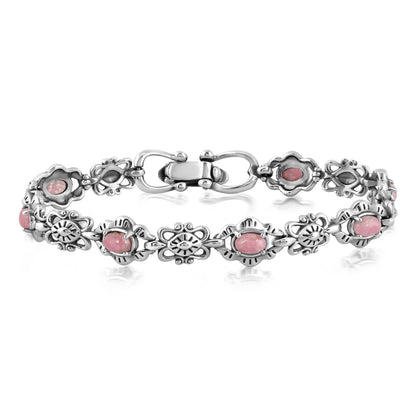 Southwestern Sterling Silver with Rhodonite Gemstone Concha Link Bracelet, Sizes Small - Large