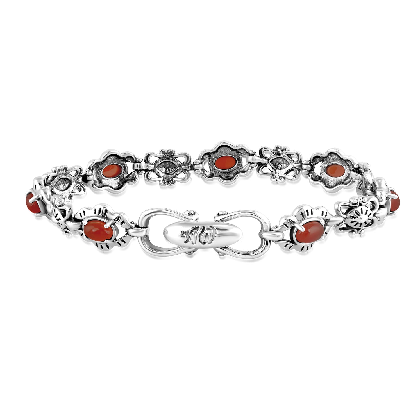 EXCLUSIVELY OURS! Sterling Silver Red Onyx Gemstone Concha Link Bracelet, Sizes Small to Large