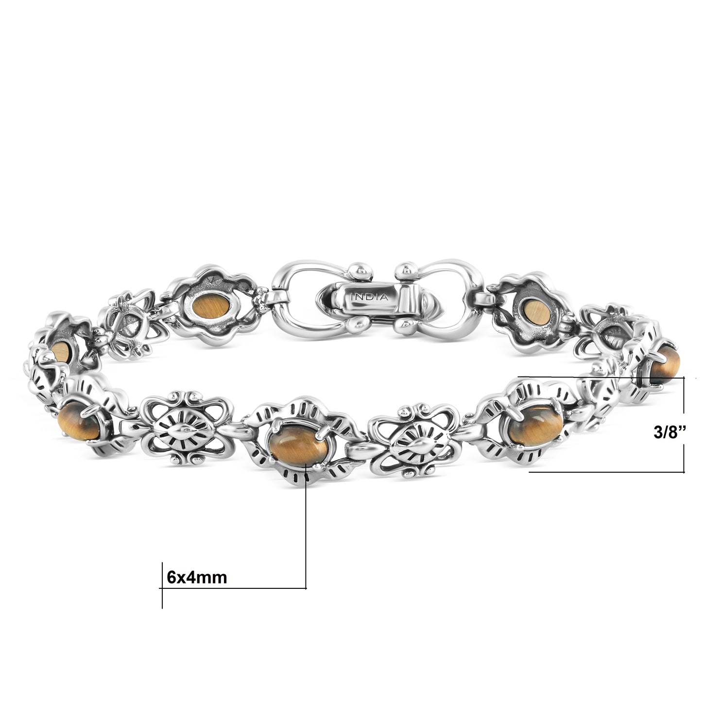 Sterling Silver Tiger's Eye Gemstone Concha Link Bracelet, Sizes Small to Large