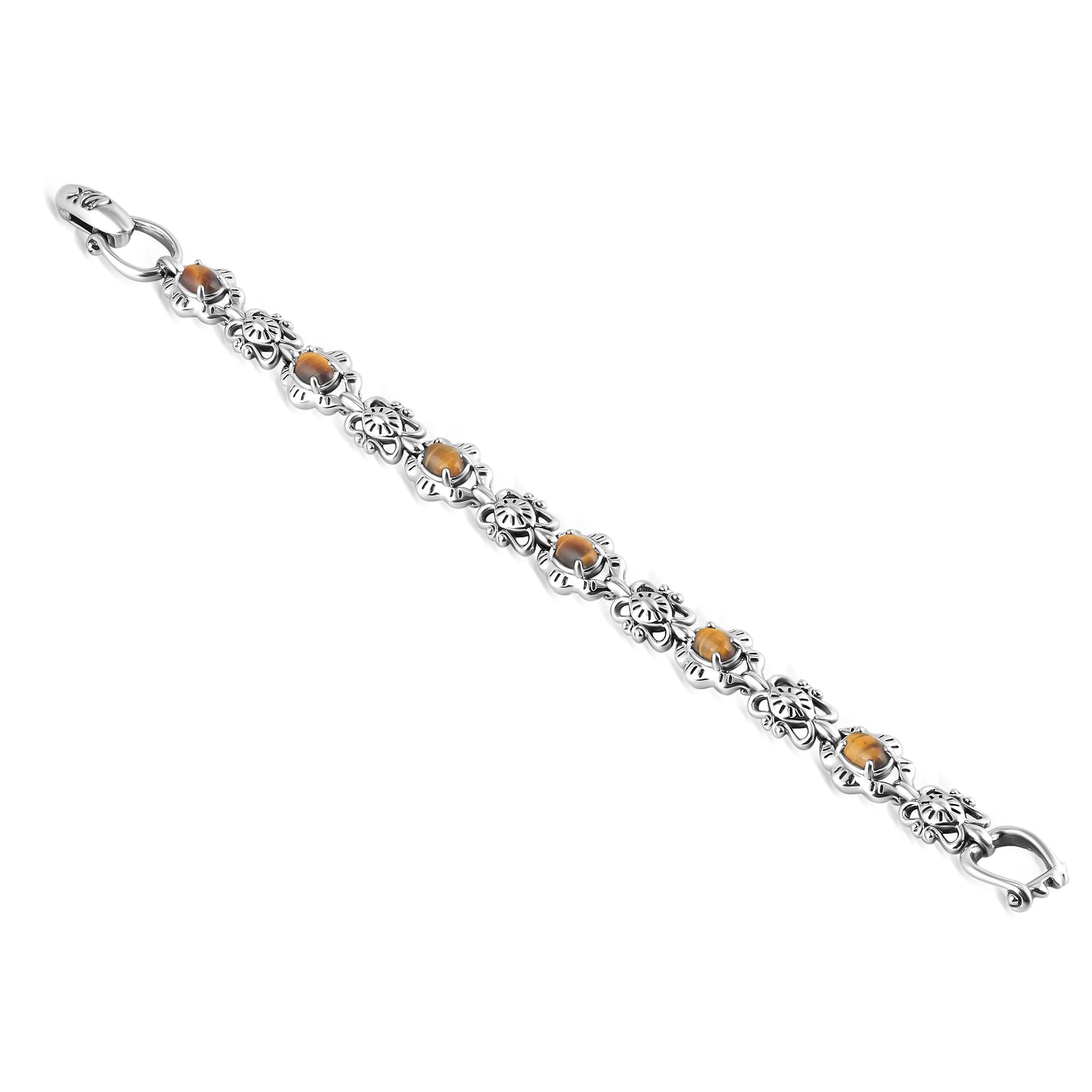 Sterling Silver Tiger's Eye Gemstone Concha Link Bracelet, Sizes Small to Large