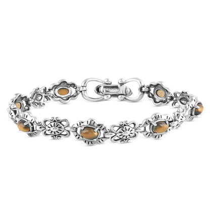 Sterling Silver Tiger's Eye Gemstone Concha Link Bracelet, Sizes Small to Large