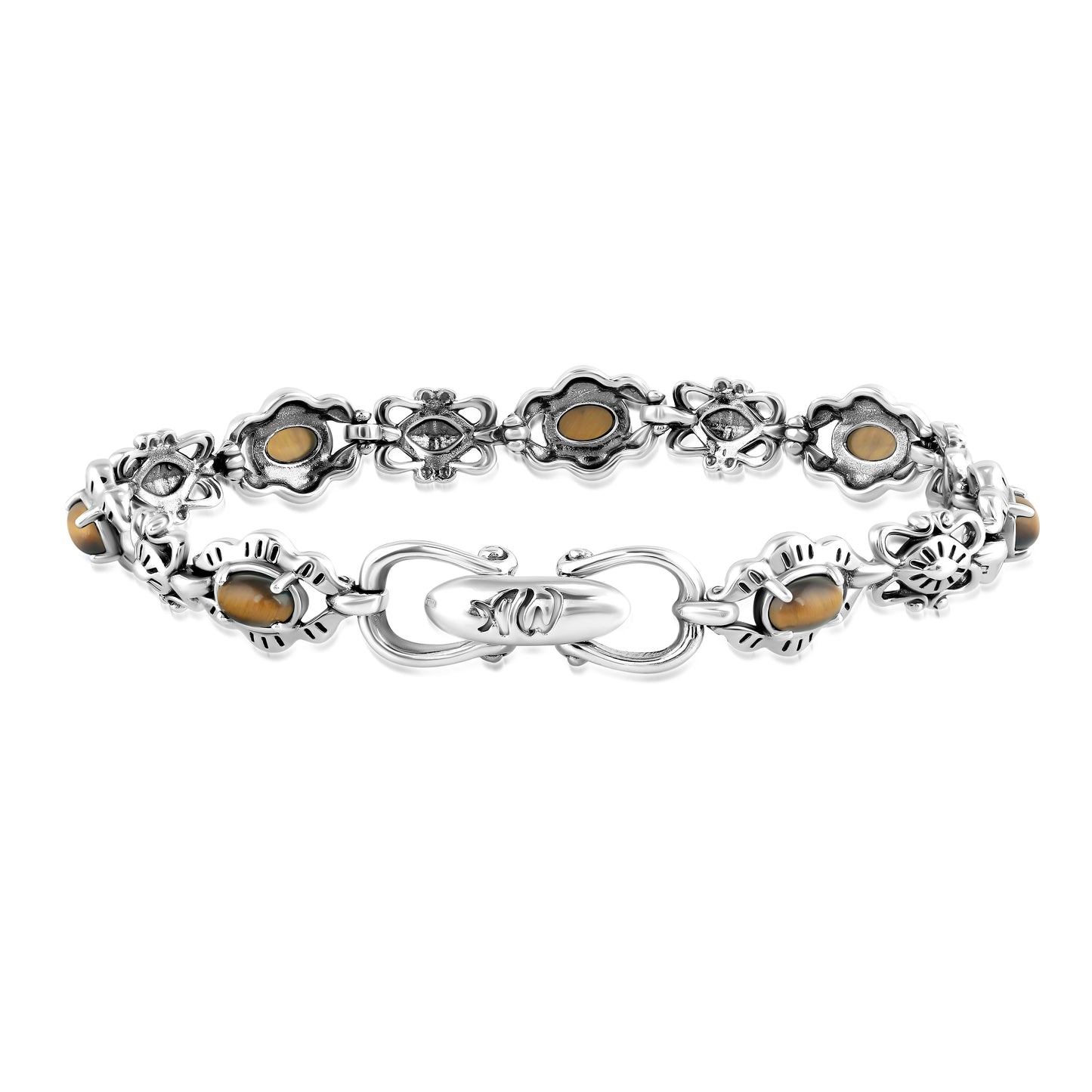 Sterling Silver Tiger's Eye Gemstone Concha Link Bracelet, Sizes Small to Large