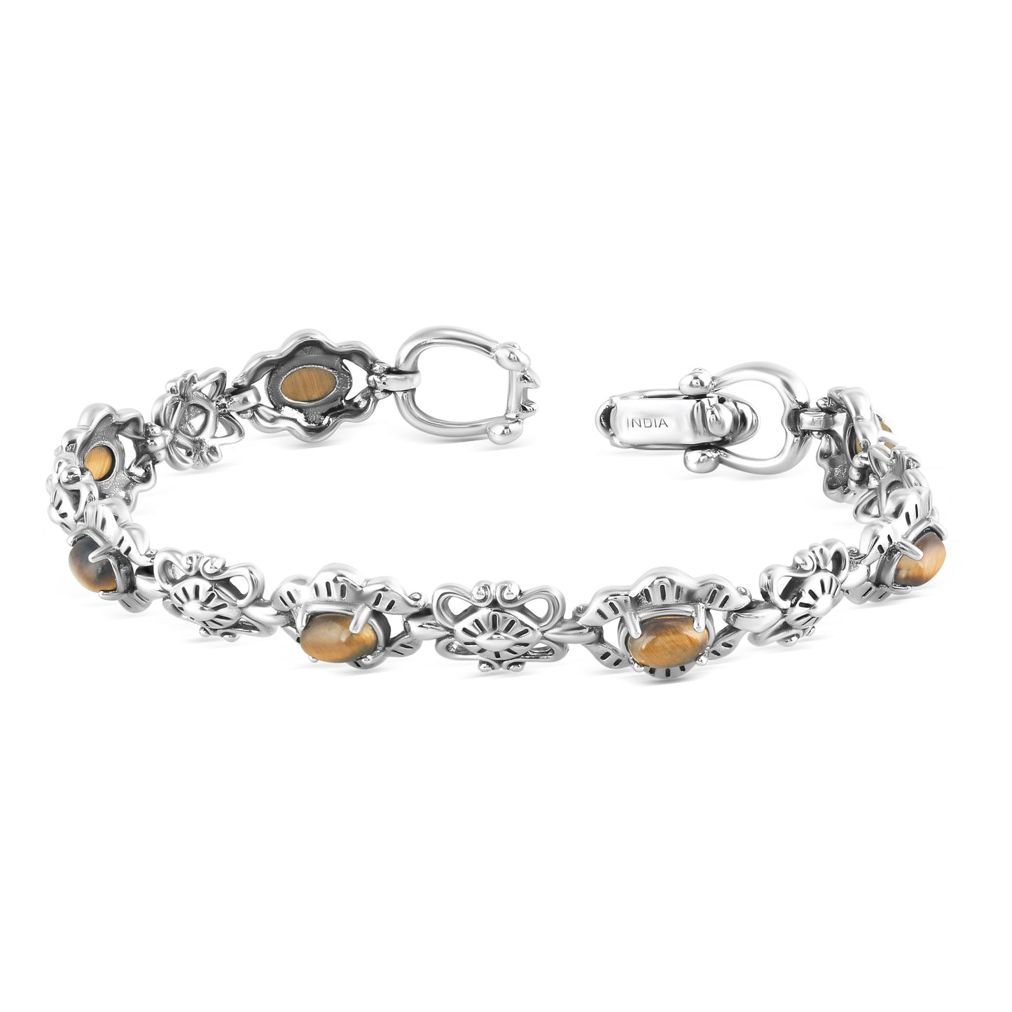 Sterling Silver Tiger's Eye Gemstone Concha Link Bracelet, Sizes Small to Large