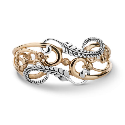 Sterling Silver and Brass Floral Leaf Design Cuff Bracelet, Sizes Small to Large