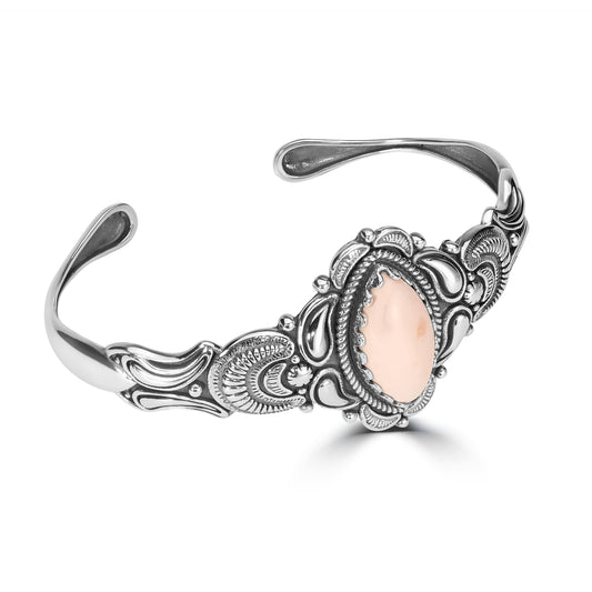 Sterling Silver Women's Oval Genuine Pink Opal Cuff Bracelet Size Small - Large