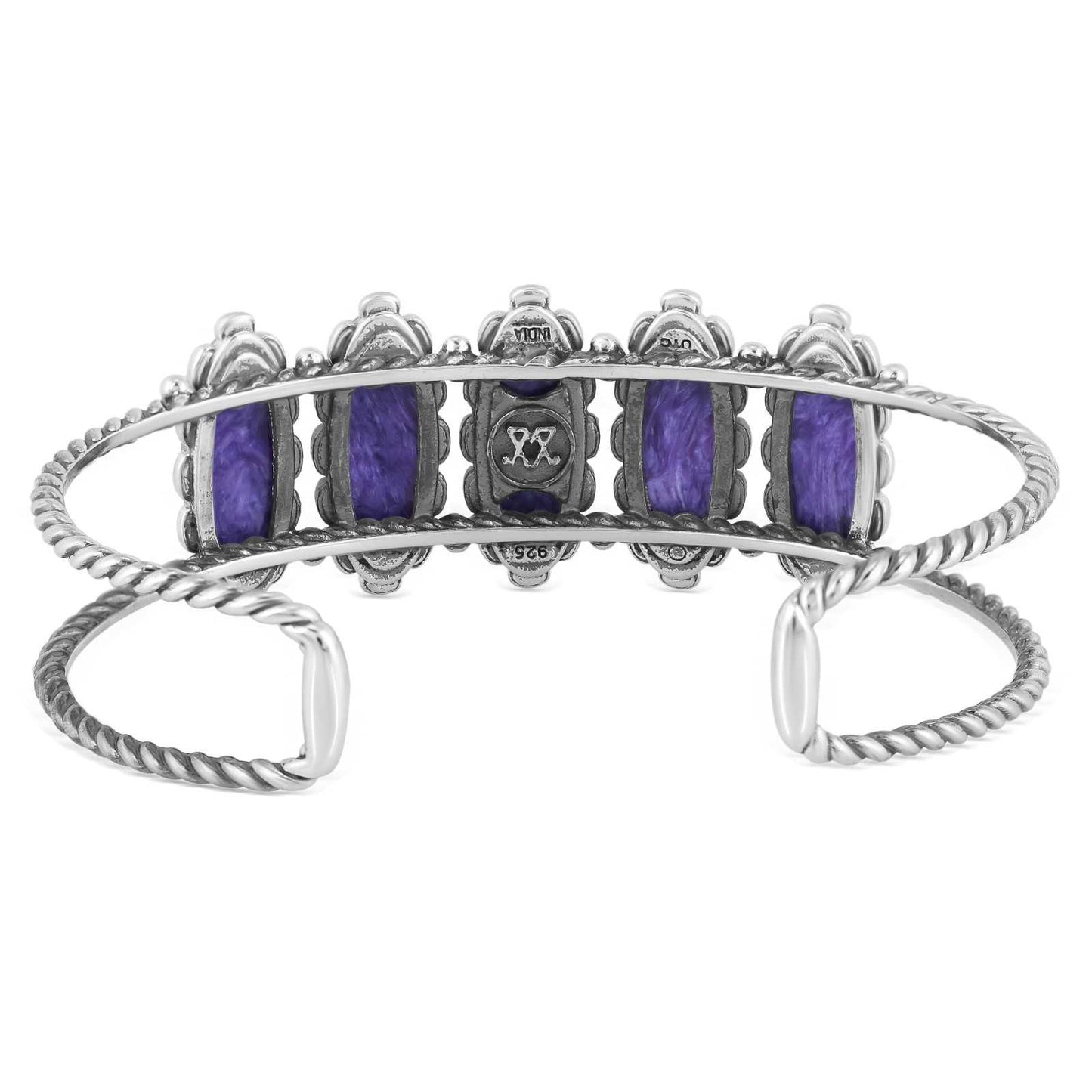 Sterling Silver Charoite 5-Stone Oval Cuff Bracelet, Sizes Medium to Large