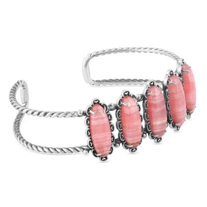 Sterling Silver Rhodochrosite 5-Stone Oval Cuff Bracelet, Sizes Medium to Large