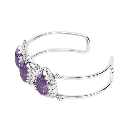 LIMITED EDITION! Sterling Silver Charoite Pear Cut Rope Design Cuff Bracelet, Sizes Small to Large