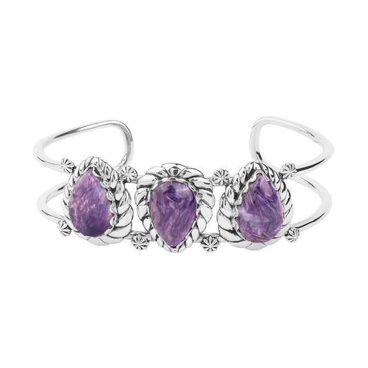 LIMITED EDITION! Sterling Silver Charoite Pear Cut Rope Design Cuff Bracelet, Sizes Small to Large