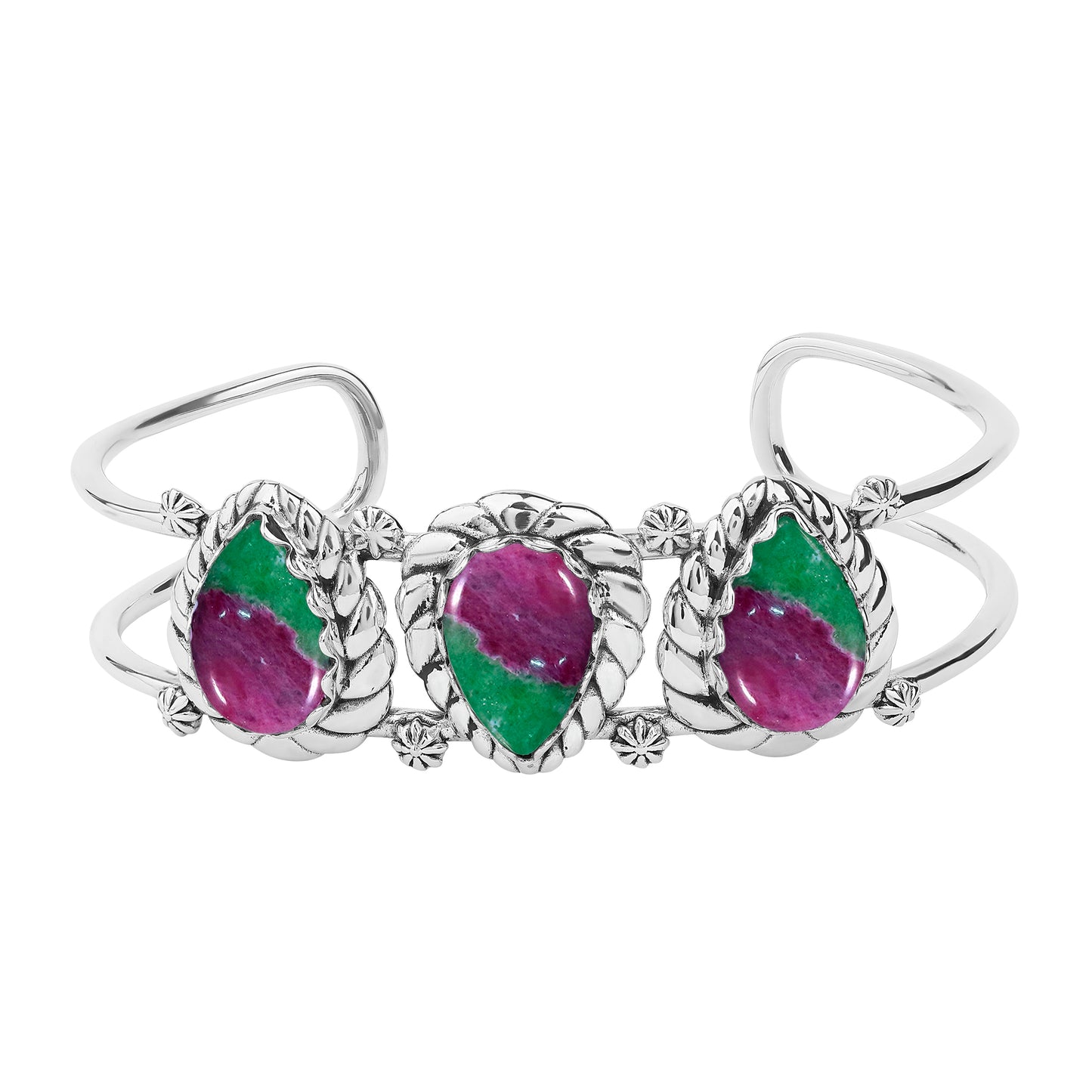 LIMITED EDITION! Sterling Silver Ruby Zoisite Pear Cut Rope Design Cuff Bracelet, Sizes Small to Large