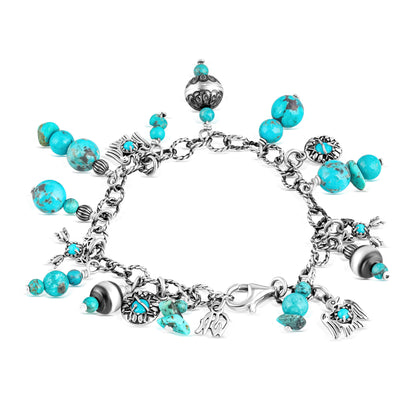 EXCLUSIVELY OURS! Sterling Silver Kingman Turquoise Native Pearl Charm Bracelet, Sizes Small to Large