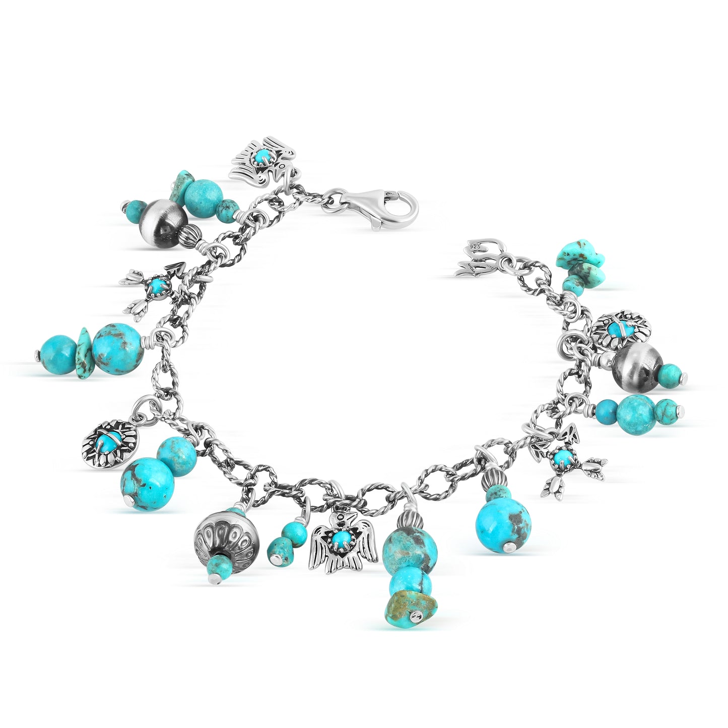 EXCLUSIVELY OURS! Sterling Silver Kingman Turquoise Native Pearl Charm Bracelet, Sizes Small to Large