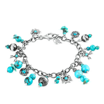 EXCLUSIVELY OURS! Sterling Silver Kingman Turquoise Native Pearl Charm Bracelet, Sizes Small to Large