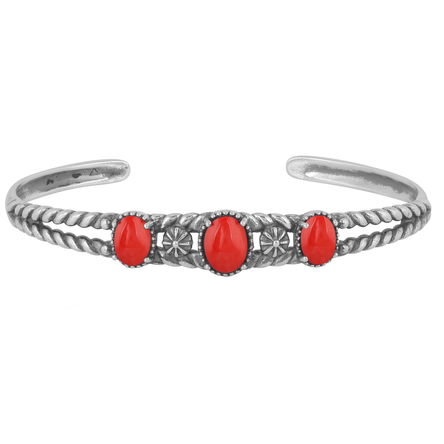Sterling Silver Genuine Coral 3 Stone Cuff Bracelet Size Small - Large