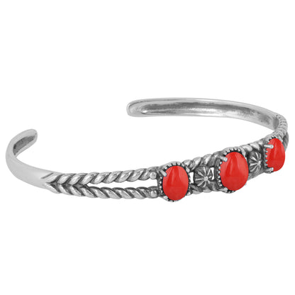 Sterling Silver Genuine Coral 3 Stone Cuff Bracelet Size Small - Large
