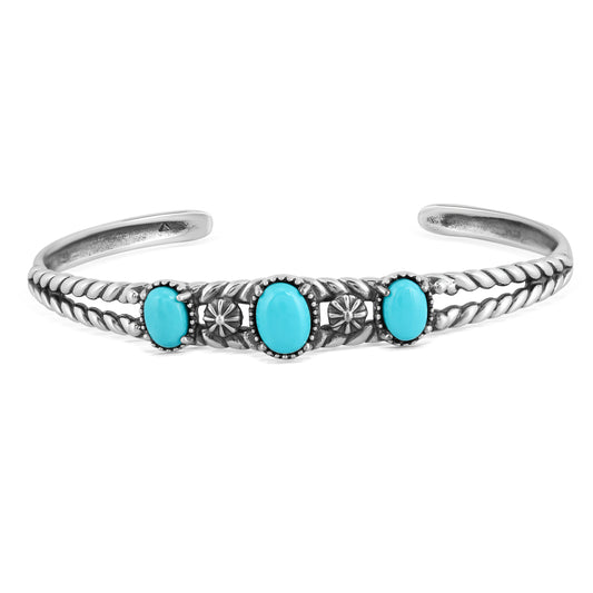 Sterling Silver Sleeping Beauty Turquoise 3-Stone Rope Cuff Bracelet, Sizes Small to Large