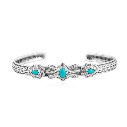 Sterling Silver Sleeping Beauty Turquoise Flower Concha Cuff Bracelet, Sizes Small to Large