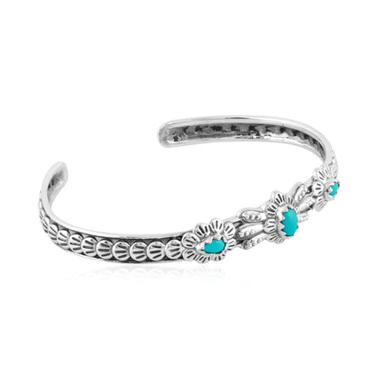 Sterling Silver Sleeping Beauty Turquoise Flower Concha Cuff Bracelet, Sizes Small to Large