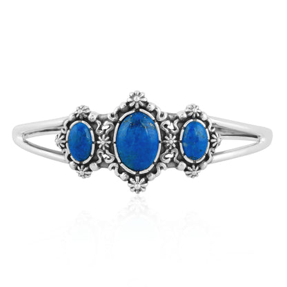 Sterling Silver Lapis Three-Stone Oval Gemstone Cuff Bracelet, Sizes Small to Large