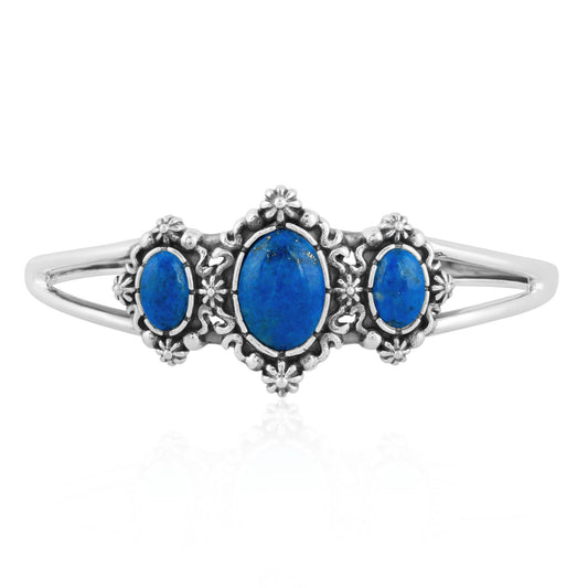 Sterling Silver Lapis Three-Stone Oval Gemstone Cuff Bracelet, Sizes Small to Large