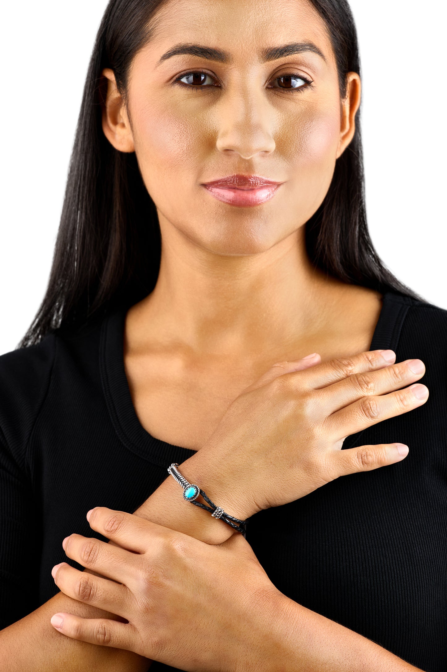 Sterling Silver Blue Turquoise Hook and Loop Bar Black Leather Bracelet, Sizes Small to Large