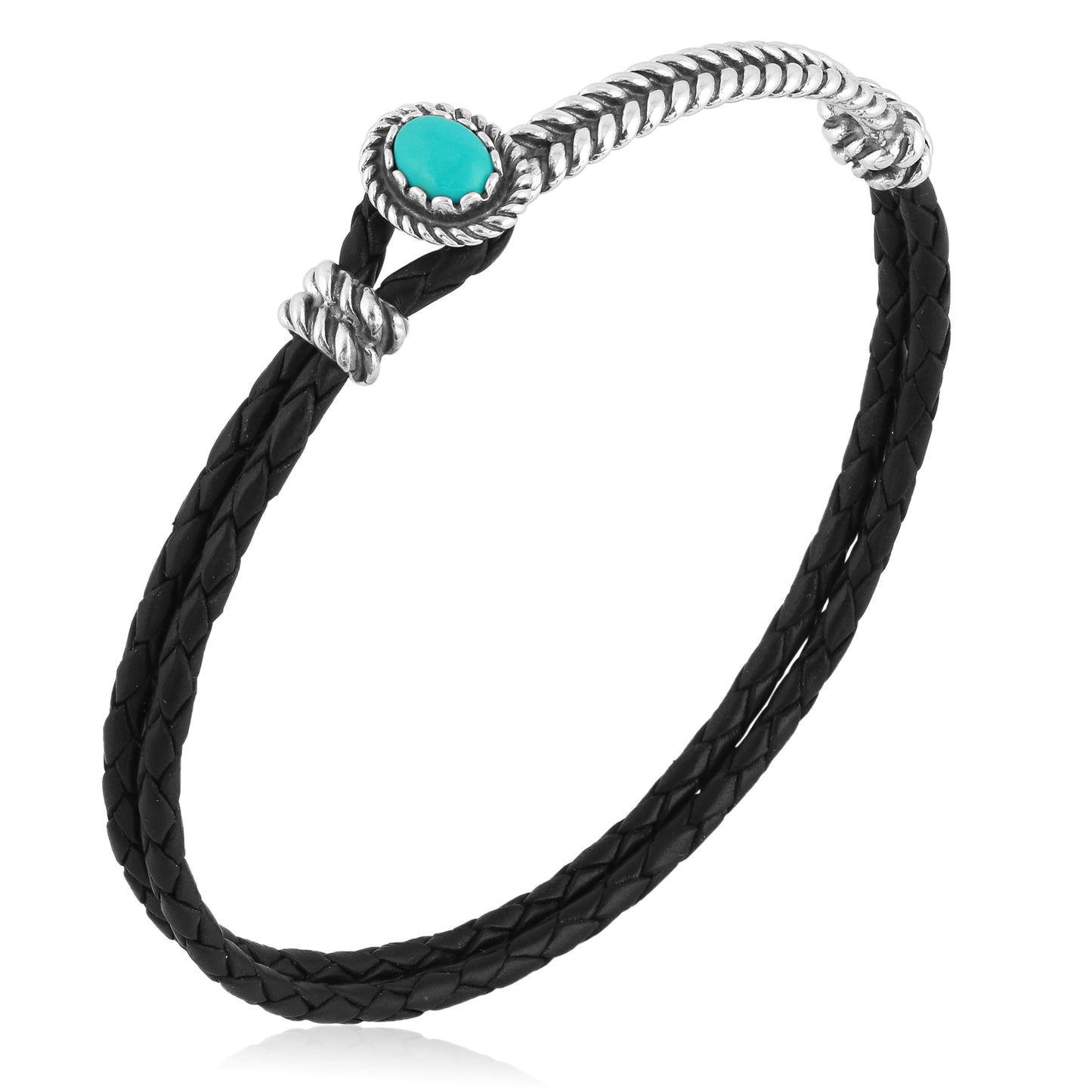 Sterling Silver Blue Turquoise Hook and Loop Bar Black Leather Bracelet, Sizes Small to Large