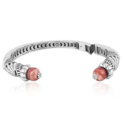 Sterling Silver Rhodochrosite Gemstone Hinged Cuff Bracelet, Size Medium