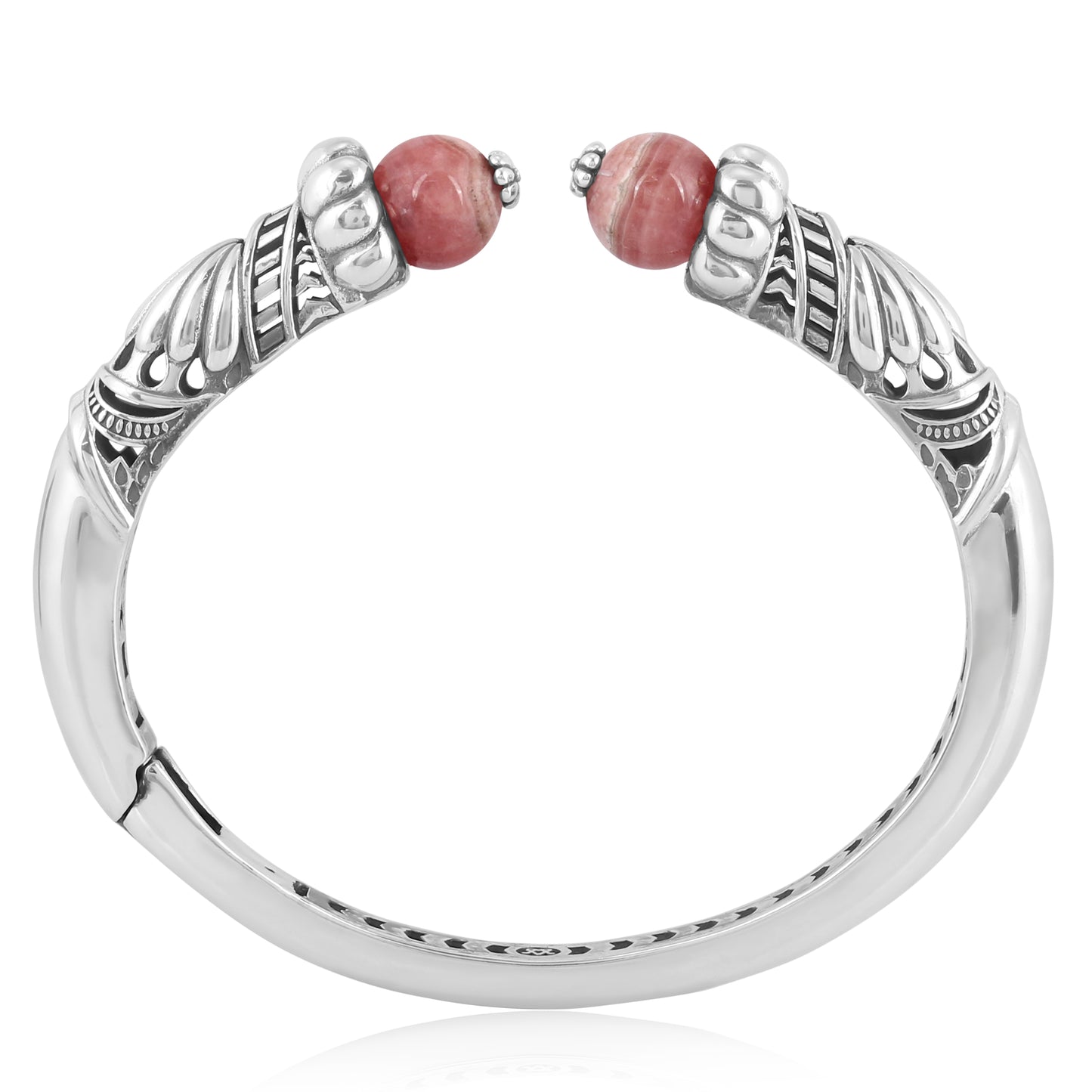 Sterling Silver Rhodochrosite Gemstone Hinged Cuff Bracelet, Size Medium