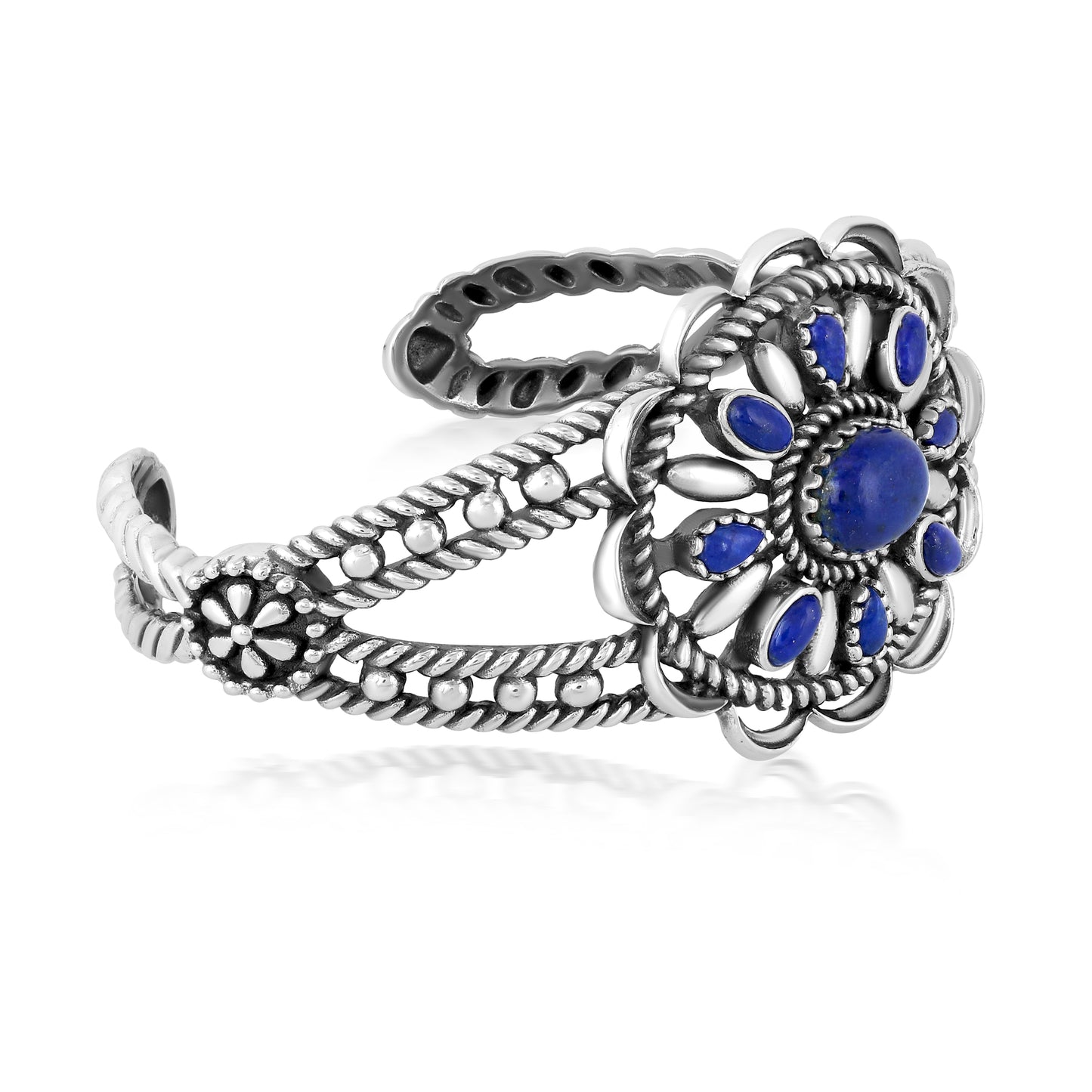 Southwestern Lapis Wildflower Sterling Silver Rope Cuff Bracelet, Sizes Small - Large