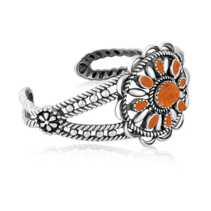 Southwestern Orange Spiny Oyster Wildflower Sterling Silver Rope Cuff Bracelet, Sizes Small - Large